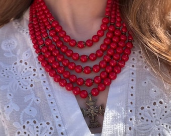 Ukrainian Coral Beaded Necklace, Traditional Red Statement Necklace, Folk Jewelry with Bronze Cross, Vyshyvanka Jewelry