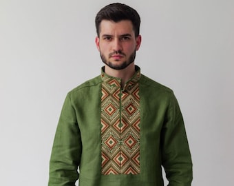 Camisa ucraniana bordada de lino verde para hombre, estilo Vyshyvanka, ideal para Pascua.