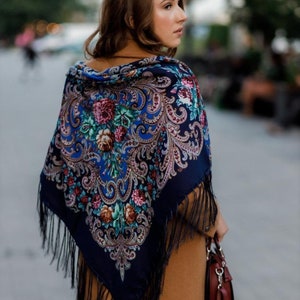 Ethnic Folk Wool Shawl Blue Slavic Floral Scarf Modern Chic Boho with Timeless Floral folk scarf Gift for Her Valentine's Day ショール