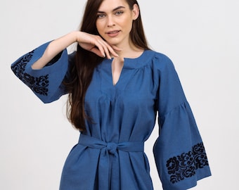 Blue Embroidered Cotton Dress, Ukrainian Vyshyvanka