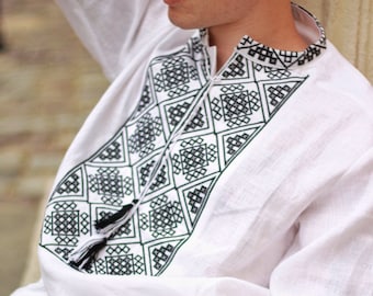 Traditional White Ukrainian Men's Shirt with Black Embroidery - Linen 100% Christmas Easter