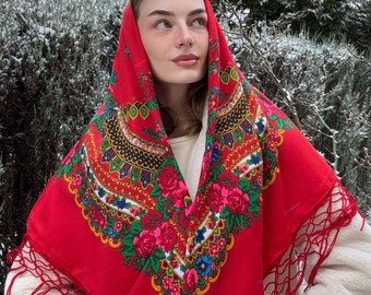 Floral Ukrainian Shawl, Folk Wool Scarf, Traditional Babushka Wrap