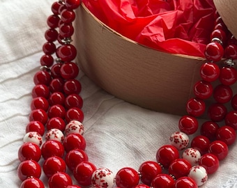 Red Coral Multi Strand Statement Necklace, Boho Chic Natural Jewelry