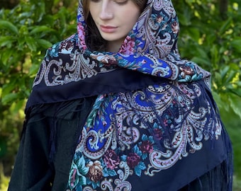 Blue Floral Shawl 80% Wool Mother's Day Gift | Large Square Scarf | Spring Wrap | Ukrainian Folk Shawl | Babushka Headscarf Gift for Mom