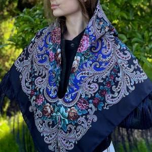 Floral Wool Shawl: Ethnic Slavic Scarf, Modern Boho Chic Christmas