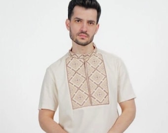 Linen Ukrainian Vyshyvanka Shirt, Traditional Embroidered Folk Clothing