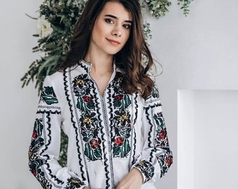 Embroidered Black Linen Blouse Folk style puff sleeves Ukrainian shirt Linen ethnic boho women handmade peasant Vyshyvanka Ukrainian sellers