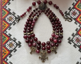 Handmade Necklace garnet Ukrainian Traditional Jewelry Slavic Necklace From Antique Fireplace Beads Ethnic Gift For Her Valentine's Day