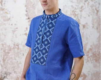 Ukrainian Mens Linen Vyshyvanka Shirt, Slavic Embroidery