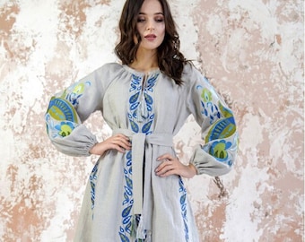Ukrainian Embroidered Linen Dress, Boho Floral Peasant Style