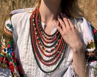 Handmade Red Ceramic Beaded Necklace, Ukrainian Ethnic Jewelry