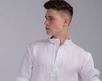 Mens Ukrainian Embroidered Linen Shirt, White Vyshyvanka