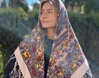 Ethnic Folk Wool Shawl Beige Slavic Floral Scarf Modern Chic Boho with Timeless Floral folk scarf ukrainian large scarves babushka