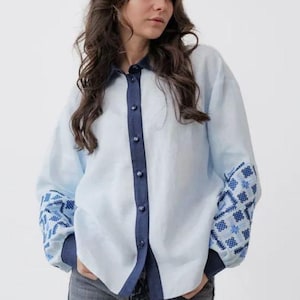 Linen 100% Embroidered Blue Blouse Folk style puff sleeves Ukrainian shirt Linen ethnic boho women handmade peasant Vyshyvanka Easter gift