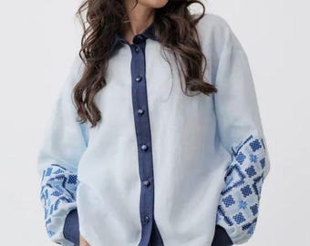 Blusa de lino bordada, camisa de estilo folklórico ucraniano
