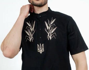 Camiseta ucraniana Vyshyvanka de lino negro, camisa folklórica bordada