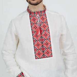 White Linen 100% Ukrainian Men&#39;s Embroidered Vyshyvanka Shirt, Traditional Folk Clothing with Classic Embroidery, Perfect Gift for Dad