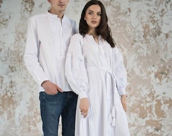 Embroidered Linen Wedding Dress, White Ukrainian Vyshyvanka