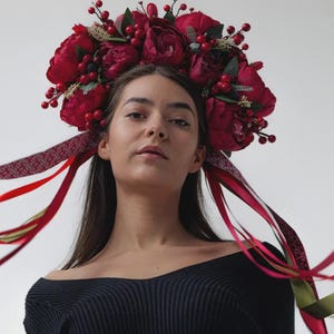 Ukrainian Red Flower Crown with Removable Ribbons Luxury Ukrainian Floral Crown Handcrafted Flower Headpiece for Weddings, Special Occasions