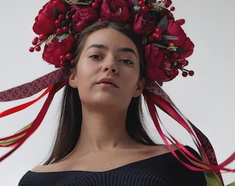 Ukrainian Red Flower Crown with Removable Ribbons, Floral Headpiece