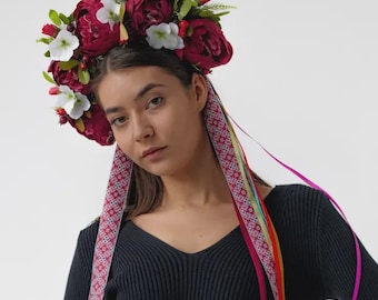 Ukrainian Flower Wreath with Removable Ribbons, Embroidered Headwear