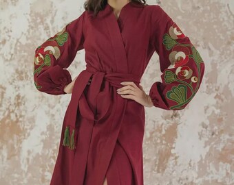 Floral Embroidered Linen Dress: Burgundy Boho Wedding Clothing Christmas