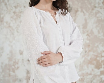 Embroidered White Linen Blouse - Elegant Women's Top, Made in Ukraine Easter