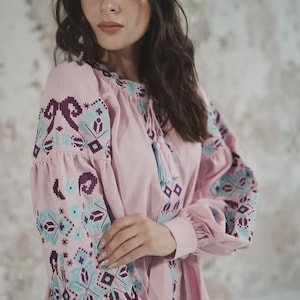 Pink Embroidered dress Boho American Independence Day Linen dress Ukrainian vyshyvanka Linen dress folk Dress, Ukrainian Dress gift