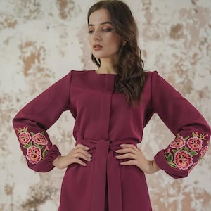Embroidered Burgundy Ukrainian Dress, Vyshyvanka dress Gift for Her boho folk costume Ukraine Dress folk costume slavic dress Christmas