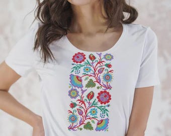 Embroidered Floral T-Shirt: Ukrainian Folk Style Cotton Boho Top