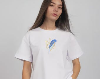 Embroidered Trident T-Shirt, Ukrainian Folk Style Boho Blouse