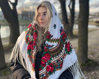 Ethnic Folk Wool Shawl Slavic  Floral Scarf Modern Chic Boho ukraine shops shawl Timeless Floral Design Gift for Her ethnic european