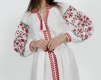 Embroidered White Linen Vyshyvanka Dress, Ukrainian Folk Costume