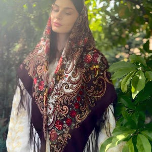 Luxury Wool Babushka Shawl: Slavic Floral Scarf, Folk Boho Wrap Christmas