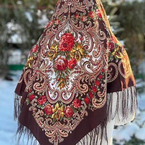 Brown Wool Shawl: Ethnic Floral Scarf - Slavic Boho Pavlovo Posad