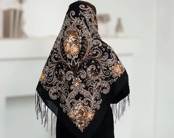 Black floral scarf wool floral Boho Style Ukrainian Tradition Embroidered Shawl Flowers and Fringe Detailing foulard slave babushka scarf