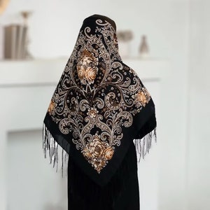 Black floral scarf wool floral Boho Style Ukrainian Tradition Embroidered Shawl Flowers and Fringe Detailing foulard slave babushka scarf image 1