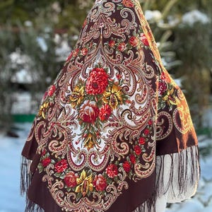 Brown Ethnic Folk Wool Shawl Slavic  Floral Scarf Modern Chic Boho Pavlovo Posad with Classic Timeless Floral shawl Christmas gift