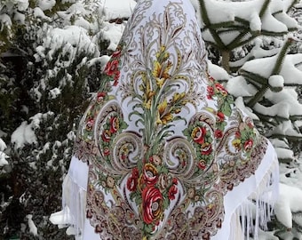 Ukrainian shawl 80% Wool, white Traditional scarf, scarf flower, Ethnic Folk Wool Shawl Babushka Floral Gift for Easter Mother’s Day gift