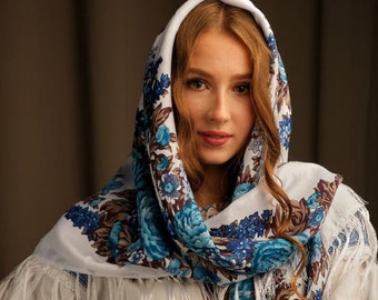 Ethnic Folk Wool Shawl Slavic White Floral Scarf Modern Chic Boho Pavlovo Posad with Classic Timeless Floral Gift for Her Easter gift