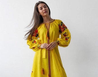Linen Embroidered Vyshyvanka Dress, Ukrainian Folk Costume