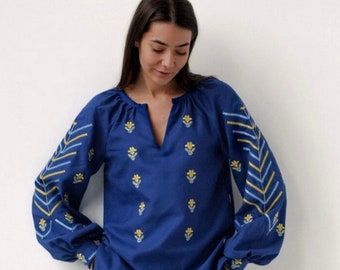 Embroidered cotton Blouse Folk style puff sleeves Ukrainian shirt Linen ethnic boho women handmade peasant Vyshyvanka sellers