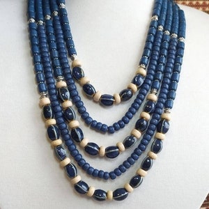 Handmade Traditional Multilayer Ukrainian Namysto Blue Necklace, Folk Boho Style Necklace Namysto, Ceramics slavic beads Easter
