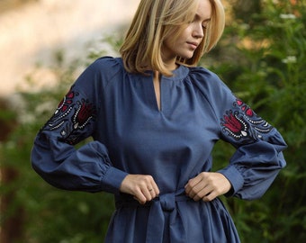 Embroidered Cotton Vyshyvanka Dress, Ukrainian Gift