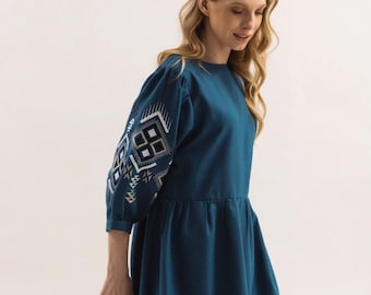 Ukrainian Embroidered Cotton Dress, Slavic Wedding Style (Size XS-XL)
