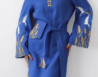 Blue Linen Ukrainian Dress, Ethnic Bridesmaid Dress, Embroidered Dress, Folk Linen Dress, Midsommar dress, Boho White Wedding Dress
