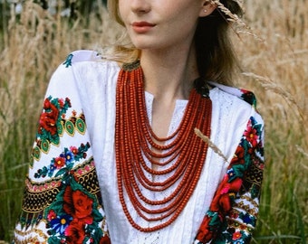Handmade Ukrainian Ceramic Beaded Necklace, Ethnic Slavic Jewelry