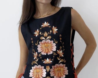 Embroidered Black Vest, Ukrainian Floral Design, Slavic Folk Style