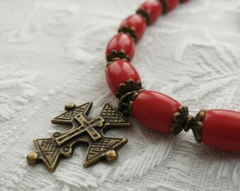 Ethnic Coral Necklace Set, Ukrainian Red Beaded Necklace, Traditional Folk Jewelry, Layered Vyshyvanka Necklace