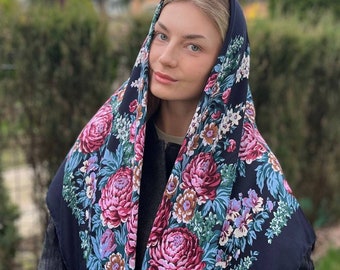 Ethnic Folk Wool Shawl Blue Slavic Floral Scarf Modern Chic Boho with Timeless Floral folk scarf Gift for Her Valentine's Day ショール